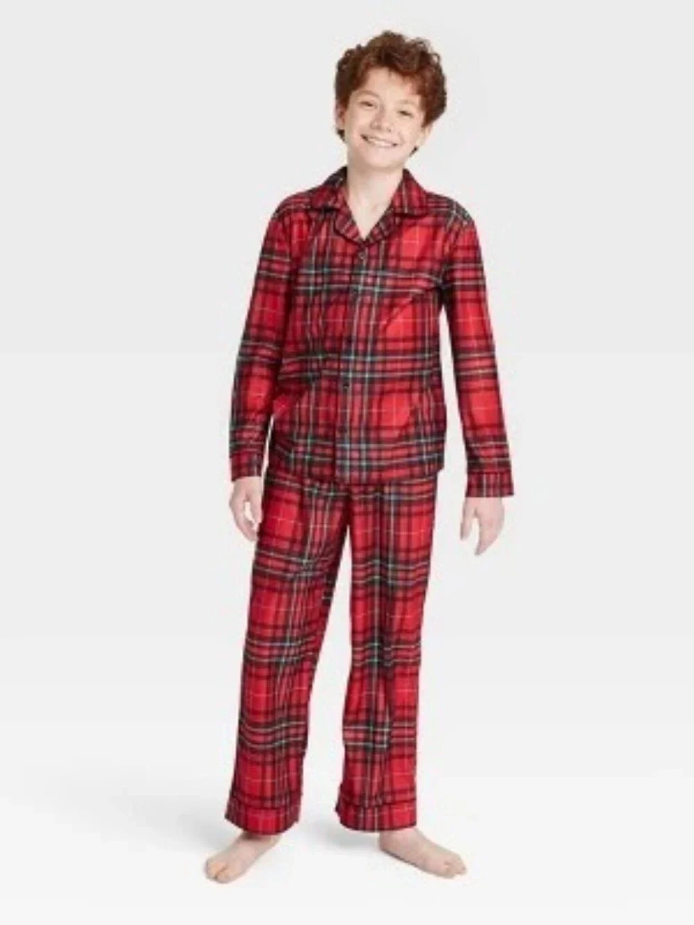Wondershop Red Tartan Plaid Kids Pajama Set Button-Up Top & Pants - Size Large